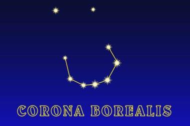 Takımyıldızı Corona Borealis. Takımyıldızı Kuzey Corona. Corona Borealis takımyıldızının bir tasviri. Kuzey yarımkürenin küçük bir takımyıldızı. Takımyıldızının ana yıldızları yarım daire şeklinde bir taç oluşturur.