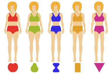 Beş tip kadın figürü. Elma armudu dikdörtgen üçgen şeklindeki kadın figürleri. Kadın vücut tiplerinin tasviri