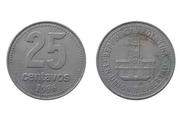 stock image 25 Centavos 1996 on white background. Coin of Argentina. Obverse In the field of the Cabildo building. Reverse The denomination with the number 