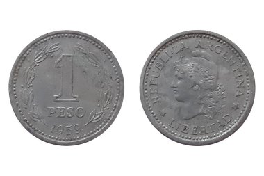 1 Peso 1959 Arjantin 'in beyaz sikkesi üzerinde izole edildi