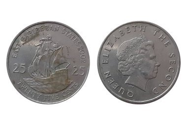 25 Cents 2002 Elizabeth II on white background. Coin of Eastern Caribbean States. Obverse Portrait of Queen Elizabeth II facing right. Reverse ship of Sir Francis Drake clipart