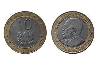 10 Shillings coin 2005. Coin of Kenya. Coin 10 shillings 2005 Obverse and Reverse on white background. Coat of arms of Kenya, legend on the outer ring clipart