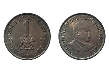 1 Shilling 1997 coin. Coin of Kenya. Coin 1 shilling 1997 Obverse and Reverse on white background. Small coat of arms of Kenya dividing date clipart