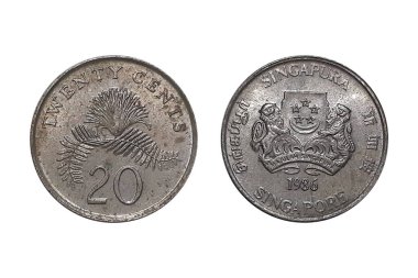 20 cents coin 1986. Coin of Singapore. Coin 20 cents 1986 Obverse and Reverse on white background. Emblem with date underneath and 'Singapore' on four sides in English, Tamil, Chinese, and Malay clipart