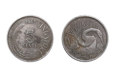 1967 'de 5 sent sikke. Singapur madeni parası. Bozuk para 5 sent 1967 Beyaz zemin üzerinde Obverse and Reverse