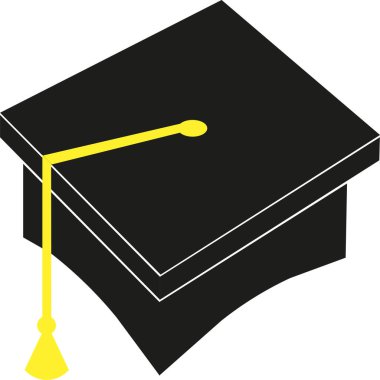 Sarı püsküllü bir müttefik mezununun siyah şapkası. Beyaz arka planda siyah bir mezuniyet şapkası tasviri