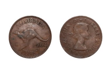 1 Penny 1964 Elizabeth II. Avustralya sikkesi. Madeni Para 1 Penny 1964 Obverse ve Tersine beyaz arka plan. Kraliçe II. Elizabeth 'in ilk portresi sağa dönük, defne taşı takıyor.