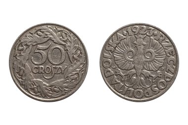 Bozuk para 50 Groszy 1923. Polonya sikkesi. Bozuk para 50 groszy 1923 Obverse ve ters beyaz arka plan. Kanatları açık, tacı takılmış kartal, tarih yukarıda. Nane İşareti W sol pençenin üstünde, J harfi sağ pençenin üstünde.