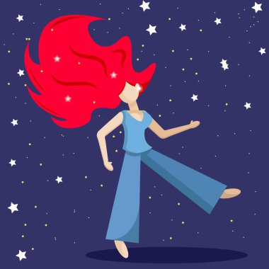 Kızıl saçlı güzel bir kız gece yıldızlı gökyüzünün altında yürüyor.