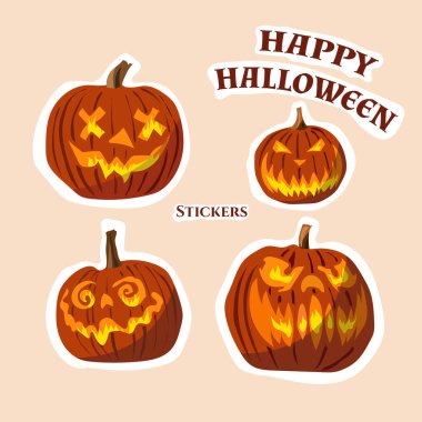 Mutlu Cadılar Bayramı. Farklı yüzlere sahip korkunç balkabağı kafaları. Kızgın gözler.