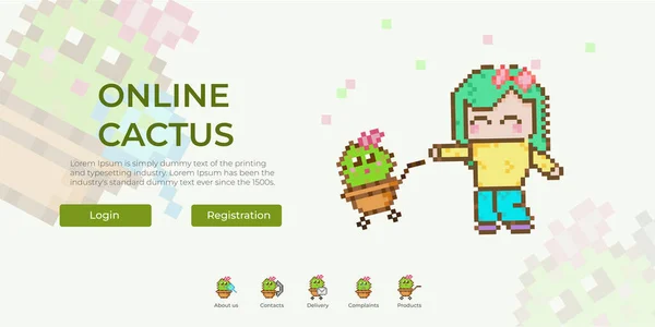 Farklı kaktüs ikonları, meyve sepetli anime kız. Piksel sanat tarzında web sitesi tasarımı.
