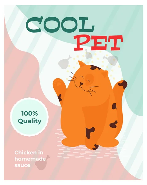 Zencefil kedi tasarımı, evcil hayvan besin paketleme için. Düz stil. Vektör illüstrasyonu