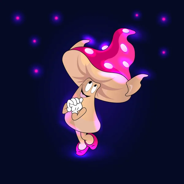 Sihirli Pembe Mantar, tatlı tatlı gülümsüyor ve elini yüzüne yakın tutuyor. Bir peri masalı karakteri, bir çocuk doğum günü partisi için, neon partiler için, el ilanları için, mutlu noeller, mutlu yeni yıl kartları.