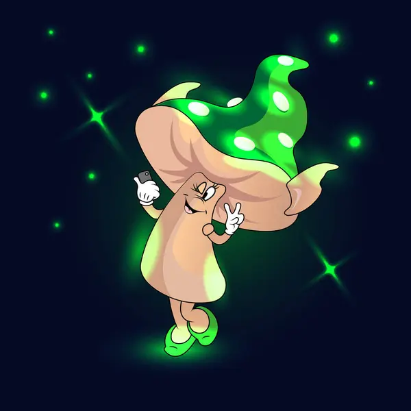 Sihirli yeşil mantar tatlı tatlı gülümsüyor ve ellerini yüzüne kaldırıyor ve kendi fotoğrafını çekiyor. Mutlu yıllar, Mutlu Noeller.