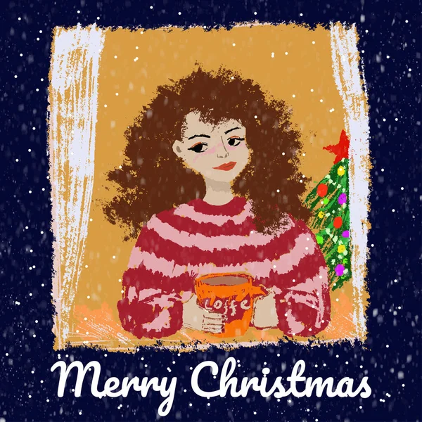 Güzel bir kız pencereden dışarı bakar ve gülümser, yeni yıl, Noel, hediyeler umuduyla, pencereden düşen karı seyreder. Noel ışıkları yeşil Noel 'de yanar.