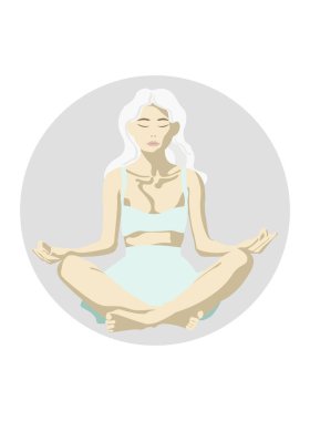 Yoga merkezi posteri, sağlık merkezi, meditasyon pozu veren sarışın bir kız resmi. Vektör illüstrasyonu