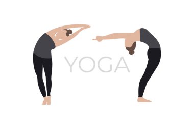 Genç bir kadın yoga pozu veriyor. Yoga karakterlerinin bir versiyonu. Vektör illüstrasyonu