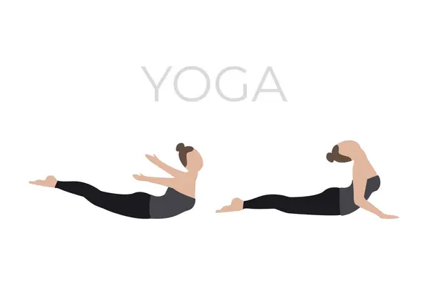 Genç bir kadın yoga pozu veriyor. Yoga karakterlerinin bir versiyonu. Vektör illüstrasyonu