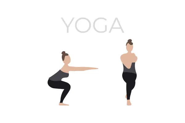 Genç bir kadın yoga pozu veriyor. Yoga karakterlerinin bir versiyonu. Vektör illüstrasyonu