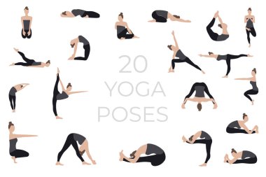 Yoga şiiri seti mi? Genç bir kadın, bir kız güzel bir yoga pozu alır, meditasyon yapar ve rahatlar. Yoga pozundaki karakterlerin bir versiyonu..