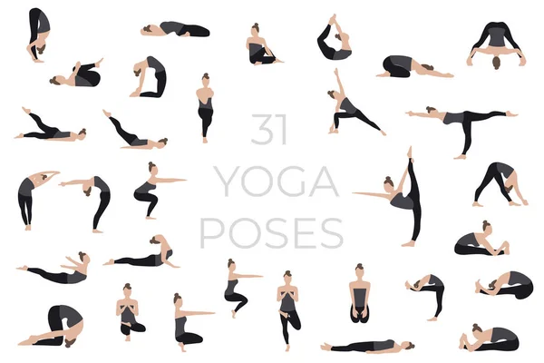 Yoga şiiri seti mi? Genç bir kadın, bir kız güzel bir yoga pozu alır, meditasyon yapar ve rahatlar. Yoga pozundaki karakterlerin bir versiyonu..