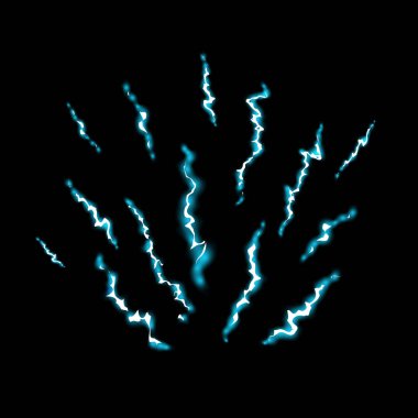 Çizgi film yıldırım animasyonu. Mavi parlayan şimşek. Elektrik çarpması, yıldırım etkisiyle sihirli elektrik çarpması..