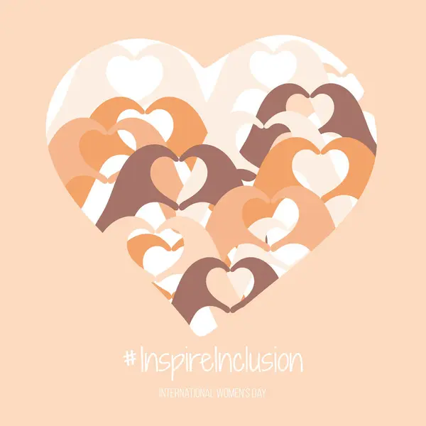 Topluma kazandırma kampanyasına ilham ver. Uluslararası Kadınlar Günü. Pembe paltolu ve şapkalı şirin bir kız elleriyle kalbi gösteriyor. Düz stil. Vektör illüstrasyonu.