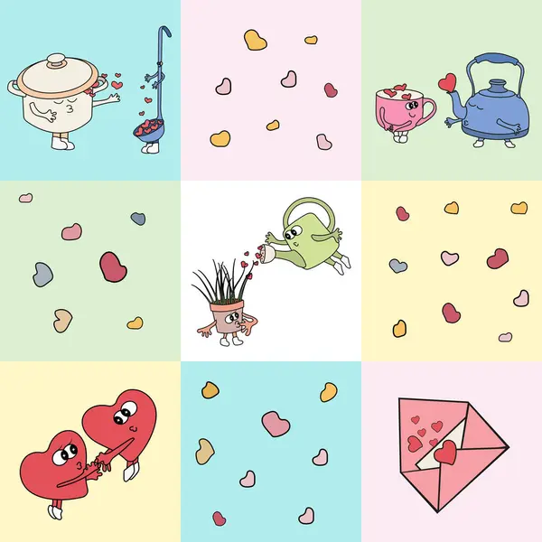 Sevgililer Günü. Kalplere aşık çiftler, bir tencere ve bir kepçe, bir çaydanlık ve bir kupa, bir sulama kutusu ve bir çiçek, bir aşk mektubu. Harika bir stil. Vektör illüstrasyonu.