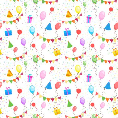 Tatil tasarımı, balonlu konfeti şekerli doğum günü daveti geçmişi, orijinal tatil dekorasyonu. Vektör parlak illüstrasyon.