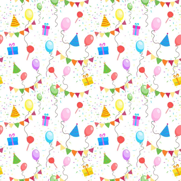 Holiday design pattern, background for birthday invitation with balloons confetti sweets, original holiday decoration. Vector bright illustration.