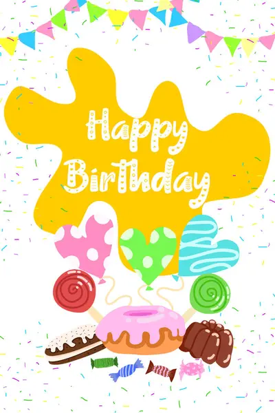 Parlak ve neşeli bir doğum günü partisi daveti. Renkli unsurlarla. Vektör illüstrasyonu.