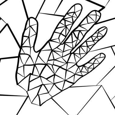 Siyah beyaz üçgenli bir el çizimi simetrik bir şekil yaratır. Üçgenler paraleldir ve organizmaların derileri üzerinde benzersiz bir jest oluştururlar.