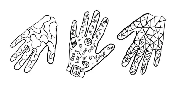Bileğinde saat olan bir el olan karmaşık bir siyah beyaz çizim. Parmak ve başparmağın ayrıntılı desenleri görsel sanatların bu moda aksesuarında sanatsal beceriler sergiliyor.