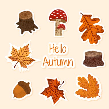 Üzerinde Hello Autumn yazan parlak bir sonbahar çıkartması, mantar, kütük ve meşe palamudu. Dekorasyon ve mevsimsel tasarım için vektör illüstrasyonu