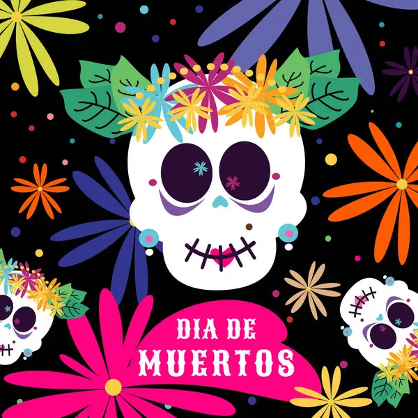 Renkli Dia de Muertos kafatası çiçekler ve yapraklar, festival için Meksika tatil kalaverası, dekoratif poster, pankart, Ölüler Günü arka planı, yaratıcı vektör çizimi.