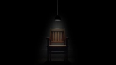 Loş bir sorgu odasında, tek bir spot ışığıyla aydınlatılmış ahşap bir sandalye..