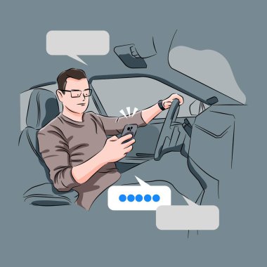 Araba kullanırken cep telefonu mesajı kullanan bir adam. Riskli, pervasız sürücü konsepti, akıllı telefon kazası, sürücünün dikkatini dağıtır..