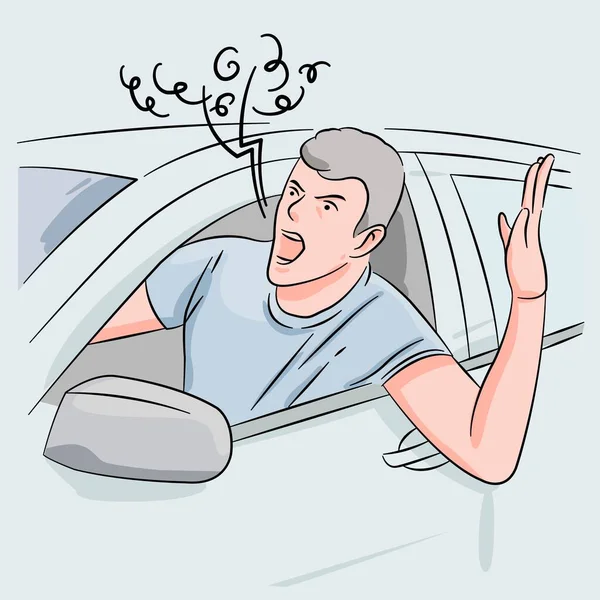 Rozzlobený Řidič Uvízlý Dopravní Zácpě Gestikuluje Rukou Křičí Šílenec Řve — Stockový vektor