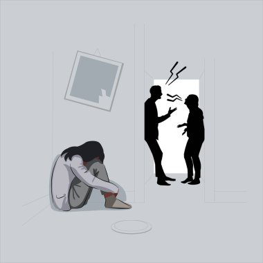 Genç kız ağlıyor ve travma geçiren ebeveynler bağırıyor. 