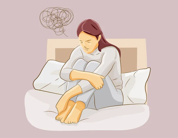 Girl Felling Sad Regretting Distress Alone Bed Unable Think Clearly — Stock Vector