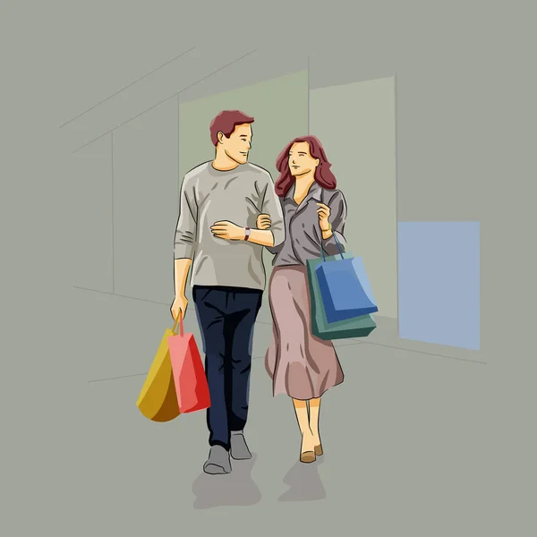 Homme Femme Faisant Shopping Acheter Des Marchandises Usure Périphérique — Image vectorielle
