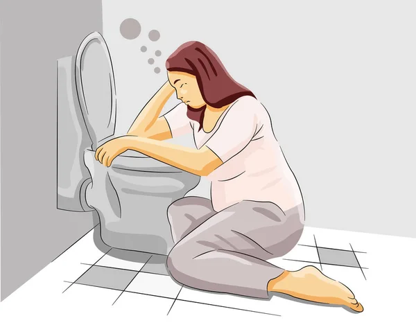 朝の下の女性 病気の妊娠 浴室の胃の病気で嘔吐 — ストックベクタ