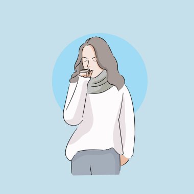 Kadın soğuk öksürüyor, hasta, atkı takıyor ve dinlenmeye ihtiyacı var.