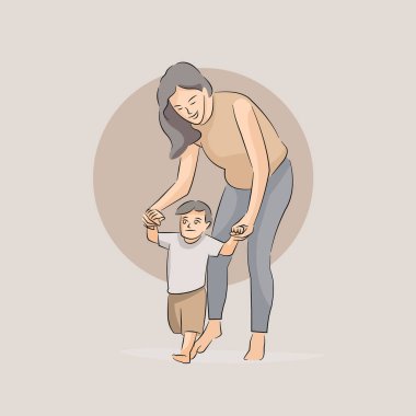 Bir anne yavaşça yürümeyi öğrenmek için bebeğini kucağına alır.