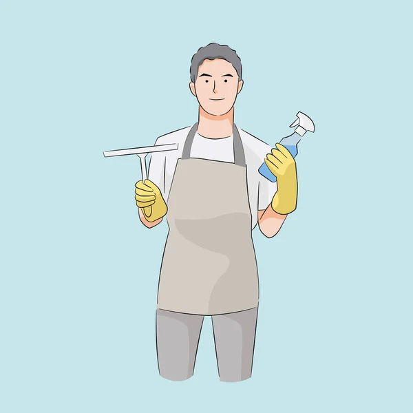 Hombre Vestido Como Servicio Limpieza Listo Para Hacer Limpieza Limpia — Archivo Imágenes Vectoriales