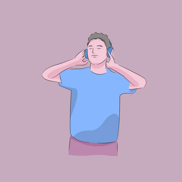 Man Listening Music Headphone Dancing Enjoy Relaxing Eyes Close — Stock Vector