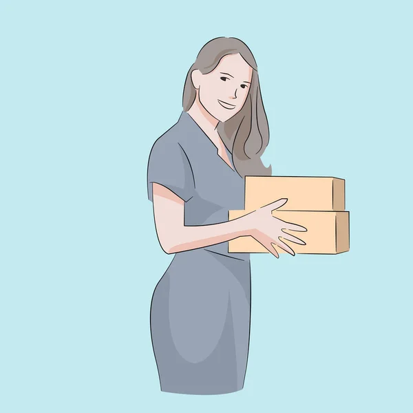 オフィスの女性の立っているポーズは笑顔の箱を運びます — ストックベクタ