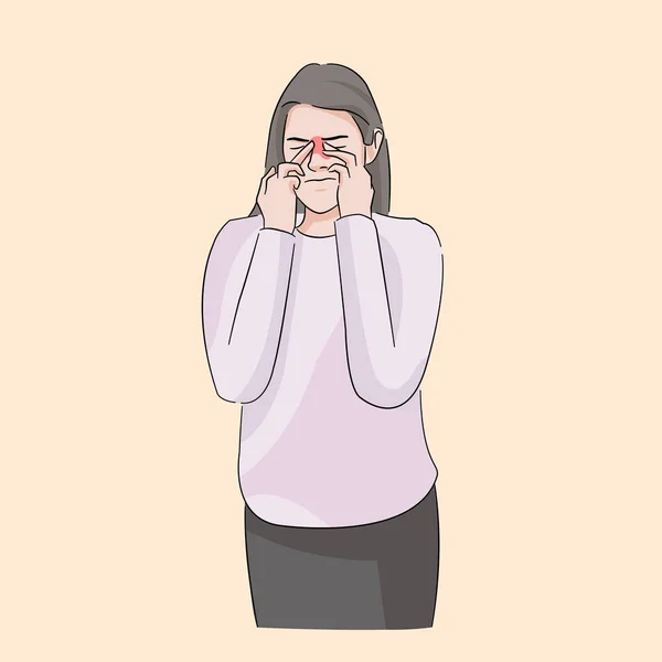 Женщина Держит Трогательный Нос Синусовая Инфекция Нуждается Лечении Вызывая Мигрень — стоковый вектор