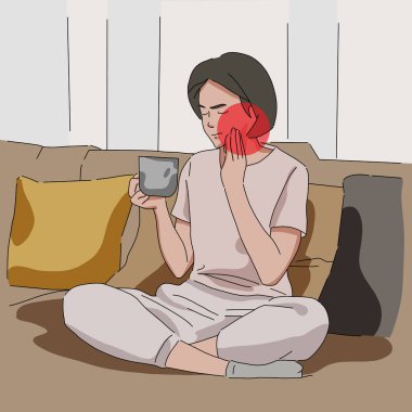 Woman in pain toothache drinking hot or cold drink screaming need medical treatment clipart