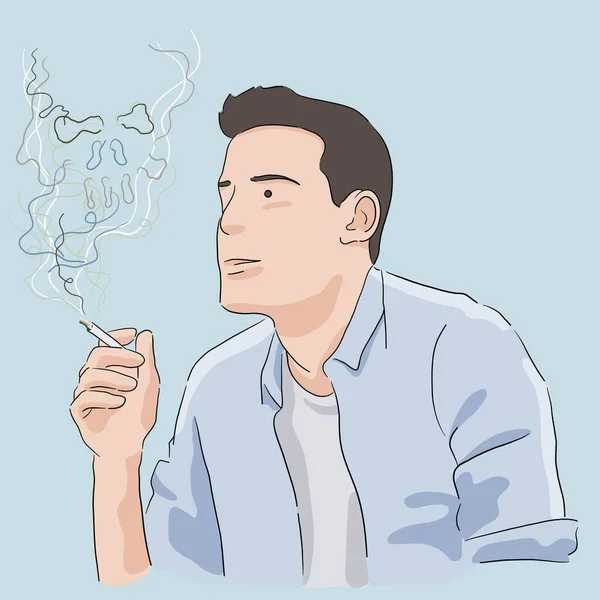 Молодий Чоловік Тримає Сигарету Курить Насолоджуючись Силуетом Черепа Диму — стоковий вектор